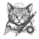 A tattoo design of a cat holding a pencil, with paintbrushes and baking ingredients scattered around, representing your love for cats, drawing, sketching, painting, and baking tattoo design idea