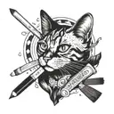 A tattoo design of a cat holding a pencil, with paintbrushes and baking ingredients scattered around, representing your love for cats, drawing, sketching, painting, and baking tattoo design idea
