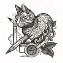 A tattoo design of a cat holding a pencil, with paintbrushes and baking ingredients scattered around, representing your love for cats, drawing, sketching, painting, and baking tattoo design idea