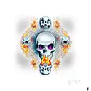 full neck tattoo with skulls, the number 23 in the middle of the neck and money falling with flames tattoo design idea