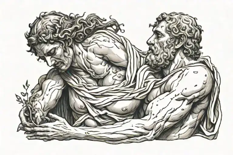 Greek god with blood dripping down there body holding cut off head in one hand and the earth in another tattoo design idea