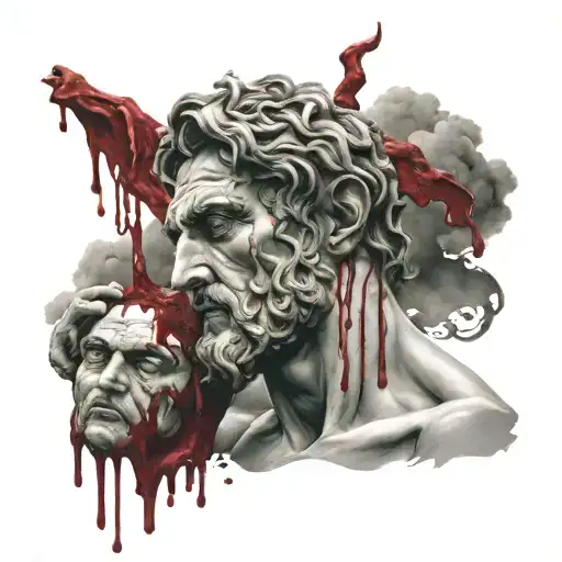 Greek god with blood dripping down there body holding cut off head in one hand and the earth in another tattoo design idea
