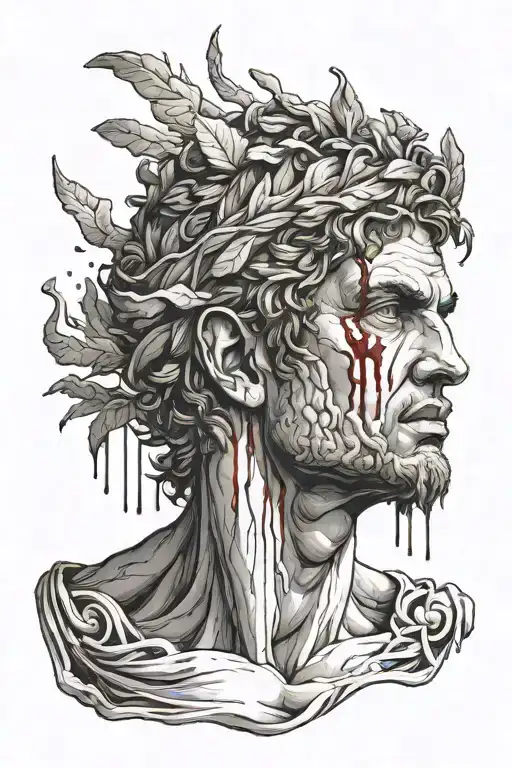 Greek god with blood dripping down there body holding cut off head in one hand and the earth in another tattoo design idea