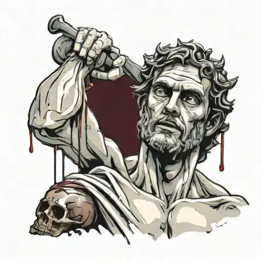 Greek god with blood dripping down there body holding cut off head in one hand the earth in another with quote over top tattoo design idea