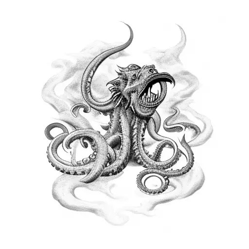 Craft a tattoo featuring a chimera battling a kraken in a dramatic scene tattoo design idea