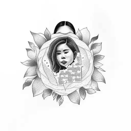 A feminist-themed tattoo with a dotwork portrait of Mitski and Lana Del Ray surrounded by empowering quotes from influential feminist figures tattoo design idea