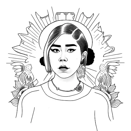 A feminist-themed tattoo with a dotwork portrait of Mitski and Lana Del Ray surrounded by empowering quotes from influential feminist figures tattoo design idea