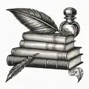 A stack of books with a quill pen and ink bottle, symbolizing a love for writing and reading, done in a black-grey style tattoo design idea