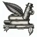 A stack of books with a quill pen and ink bottle, symbolizing a love for writing and reading, done in a black-grey style tattoo design idea