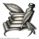 A stack of books with a quill pen and ink bottle, symbolizing a love for writing and reading, done in a black-grey style tattoo design idea