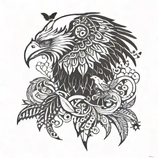 a steller's sea eagle protecting a hedgehog, unicorn, butterfly and fox tattoo design idea