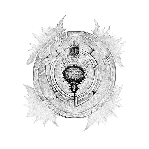 Scottish thistle intertwined with a medieval shield tattoo design idea