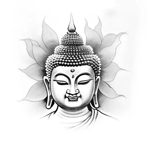 tattoo of Buddha meditating on plum flowers in front of the Temple tattoo design idea