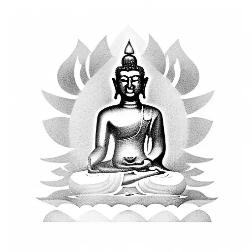 Buddha meditating on plum flower infornt of Temple tattoo design idea