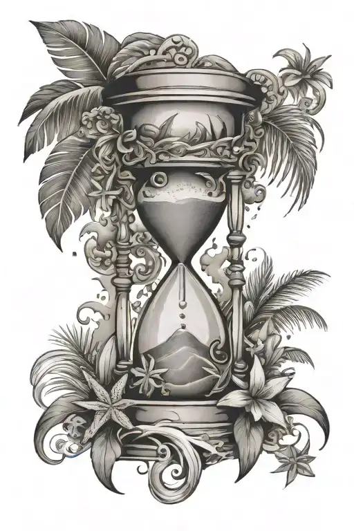 Beach hourglass filled with swirling water waves with palms leaves and star fish around the hourglass tattoo design idea