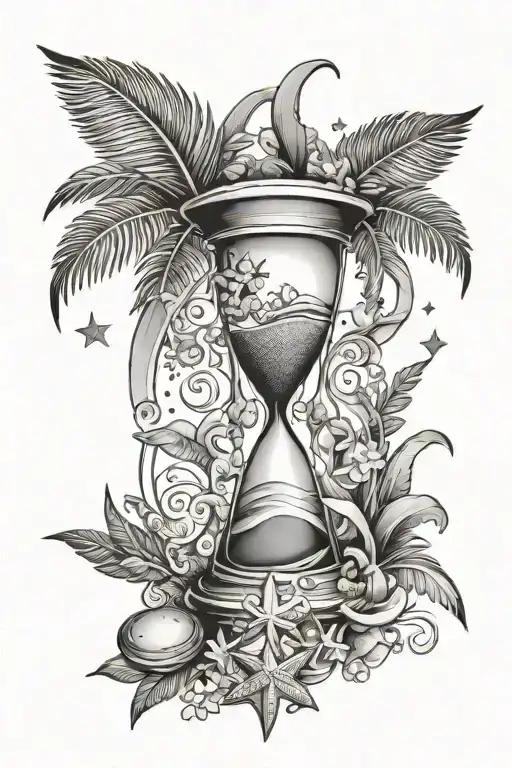 Beach hourglass filled with swirling water waves with palms leaves and star fish around the hourglass tattoo design idea