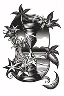 Beach hourglass filled with swirling water waves with palms leaves and star fish around the hourglass tattoo design idea