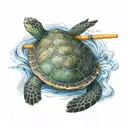 A realistic portrait of a turtle wearing a political sash, floating on a kayak in the ocean tattoo design idea
