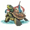 A realistic portrait of a turtle wearing a political sash, floating on a kayak in the ocean tattoo design idea