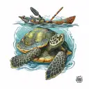 A realistic portrait of a turtle wearing a political sash, floating on a kayak in the ocean tattoo design idea