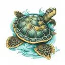 A realistic portrait of a turtle wearing a political sash, floating on a kayak in the ocean tattoo design idea