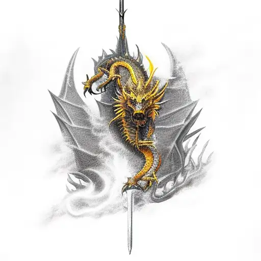black and gold dragon getting killed with a longsword tattoo design idea