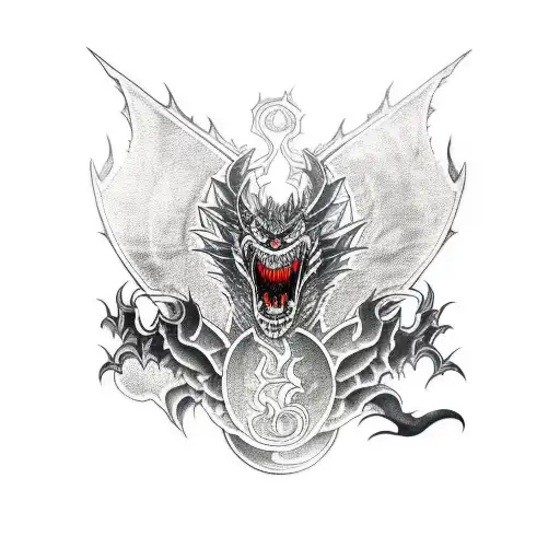 full back piece of a black dragon getting slain with a longsword tattoo design idea