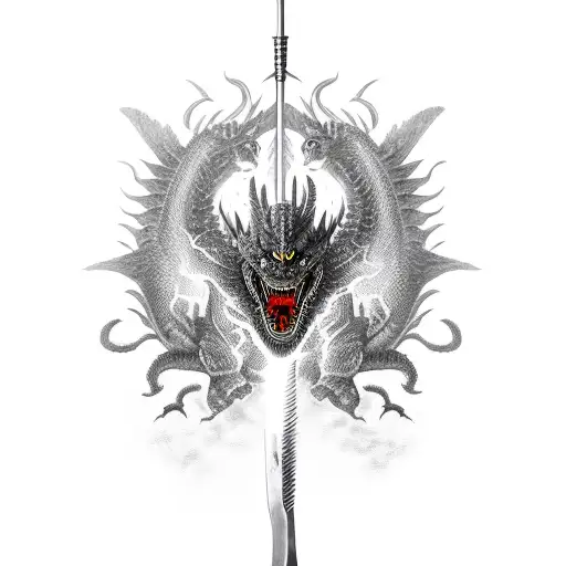 full back piece of a black dragon getting slain with a longsword tattoo design idea