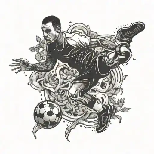 A football player kicking a ball made of bones flower hell tattoo design idea