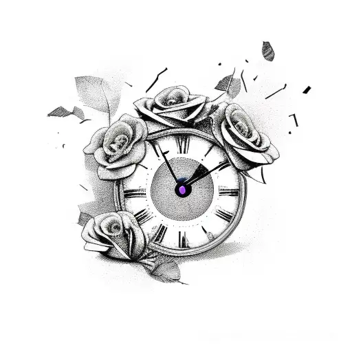broken and smashed clock with roses growing tattoo design idea