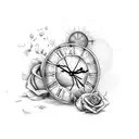broken and smashed clock with roses growing tattoo design idea