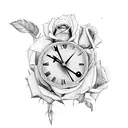 broken and smashed clock with roses growing tattoo design idea