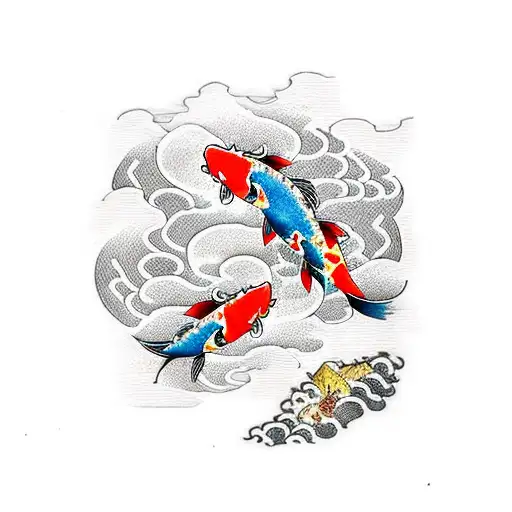 Two Koi fish climbing a waterfall that has a dragon at the top tattoo design idea