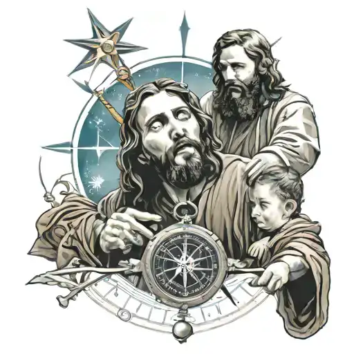 Jesus and kids keeping your compass pointing north to pull you from a dark place and time in your life tattoo design idea