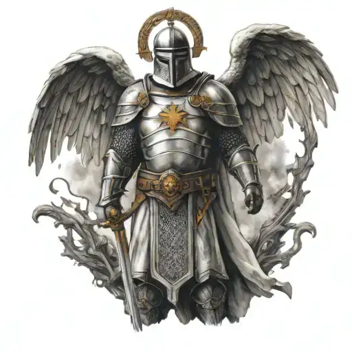 templar knight standing  angel wings tattoo design idea