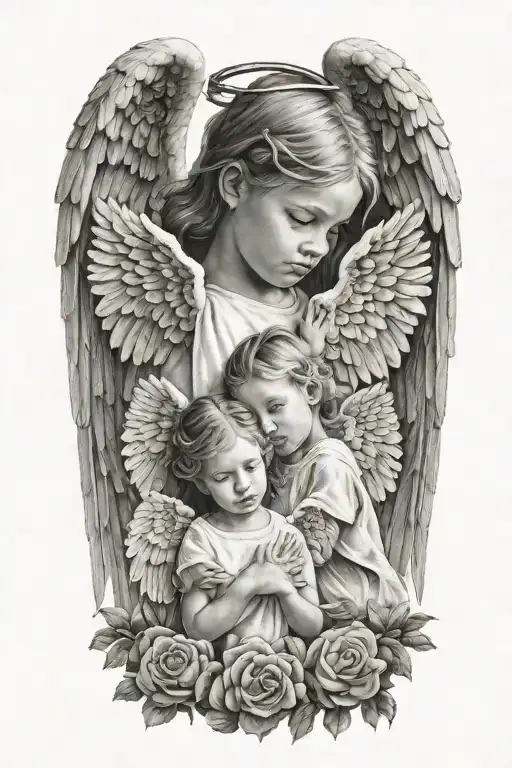 A realistic portrait of your children with angel wings symbolizing their innocence and purity tattoo design idea