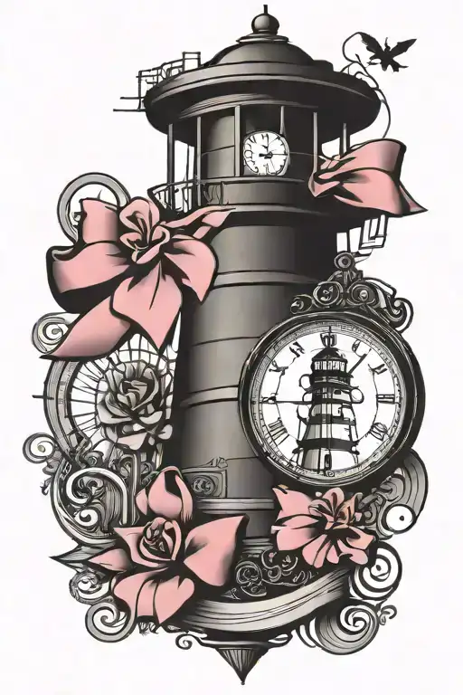 lighthouse and pink bow feminine cancer, clock and feminine eye tattoo design idea