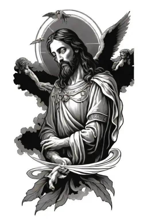 Black and grey tattoo sleeve of Jesus and angels  tattoo design idea