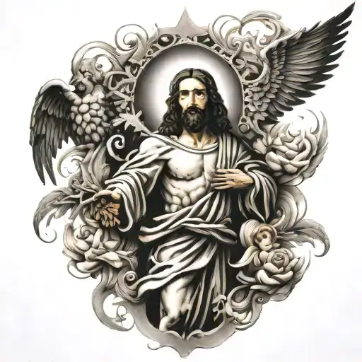 Black and grey tattoo sleeve of Jesus and angels  tattoo design idea