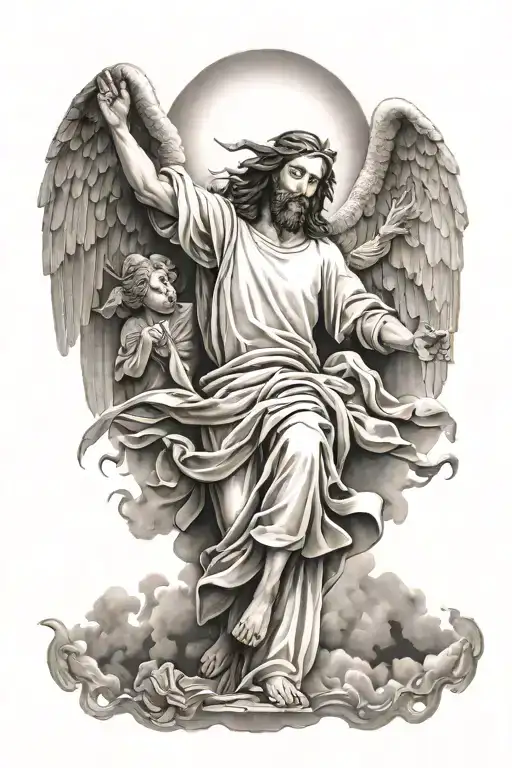 Black and grey tattoo sleeve of Jesus and angels  tattoo design idea