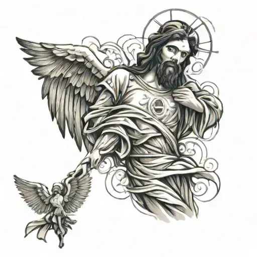 Black and grey tattoo sleeve of Jesus and angels  tattoo design idea