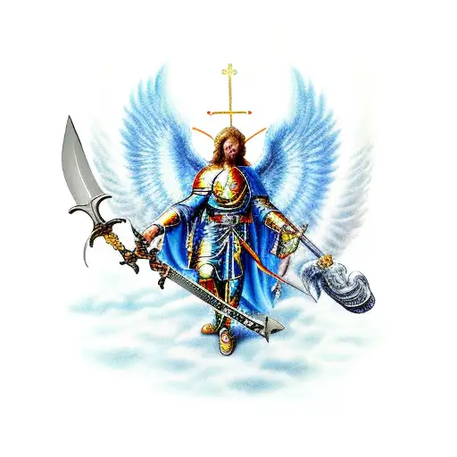 Saint Michael the archangel killing Demons with sword, surrounded by shaded clouds.   Saint Michael, the Arc Angel needs tattoo design idea