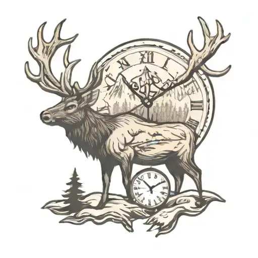elk,mountains trees clock,butterflys tattoo design idea