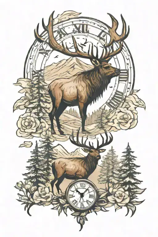 elk,mountains trees clock,butterflys tattoo design idea