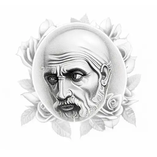 A realistic black and gray tattoo of a Greek philosopher playing a guitar with roses and artistic elements around tattoo design idea