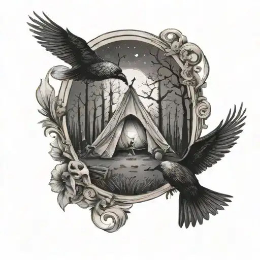 A serene camping scene with a mysterious Edgar Allan Poe quote incorporated tattoo design idea