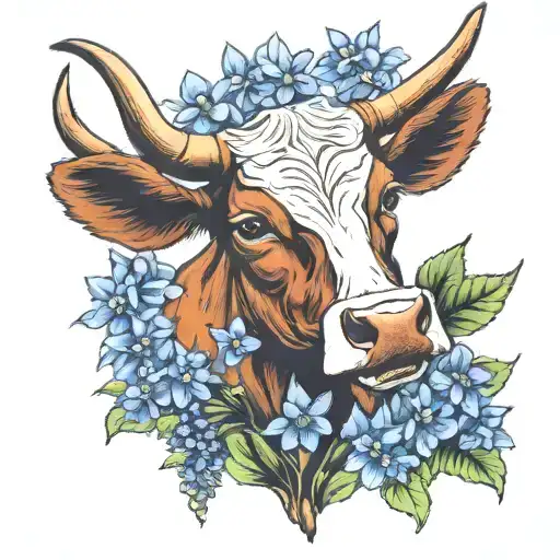 Texas longhorn and bluebonnets field cow tattoo design idea