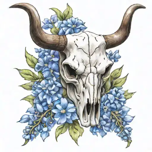 long horn skull and bluebonnets field cow skull tattoo design idea