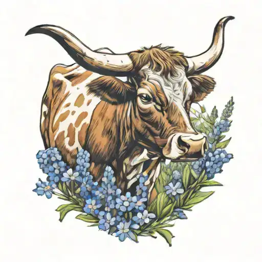 Texas longhorn and bluebonnets field cow tattoo design idea