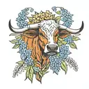Texas longhorn and bluebonnets field cow tattoo design idea